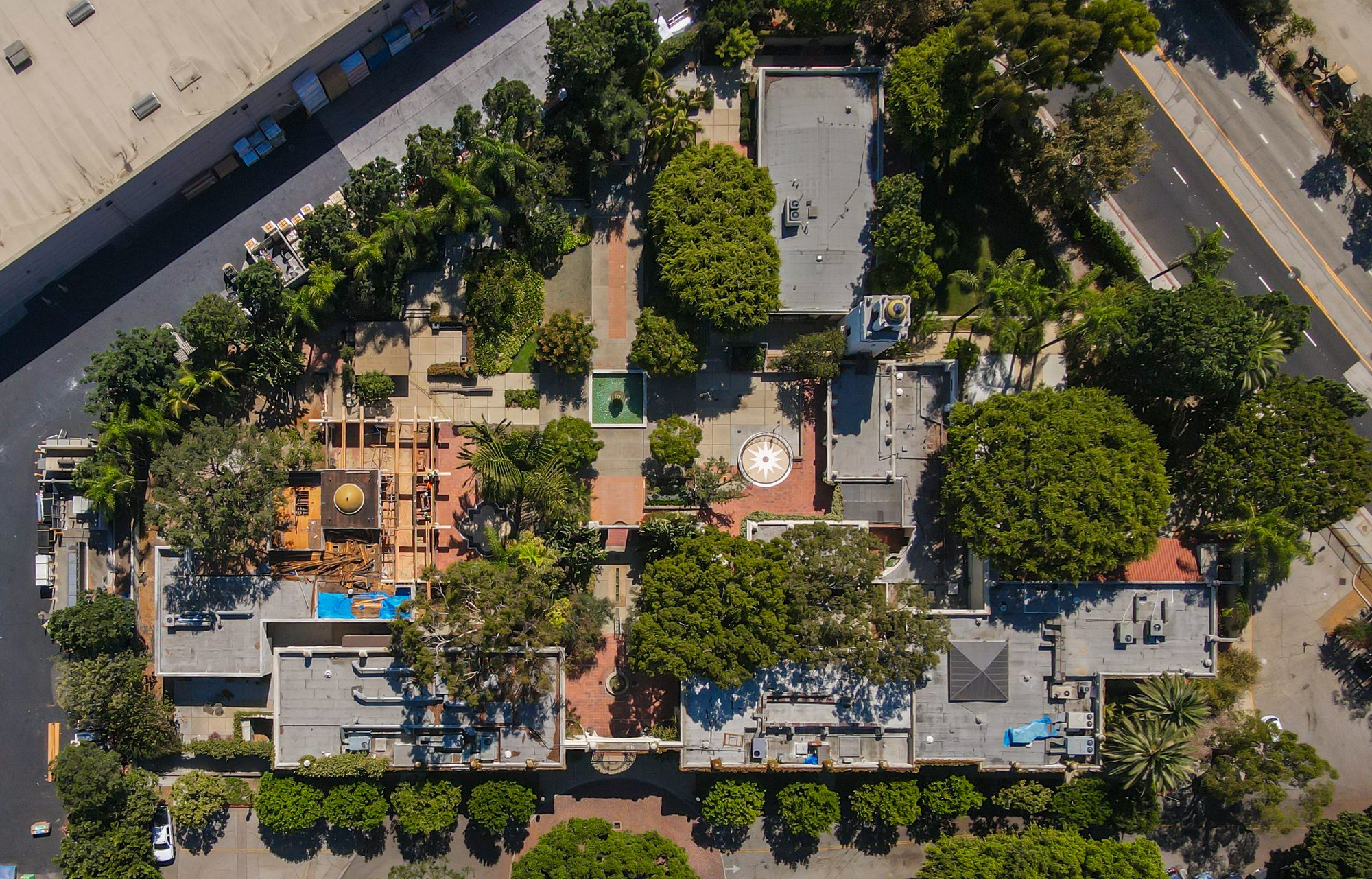 The LA River Center & Gardens and its courtyards from the air