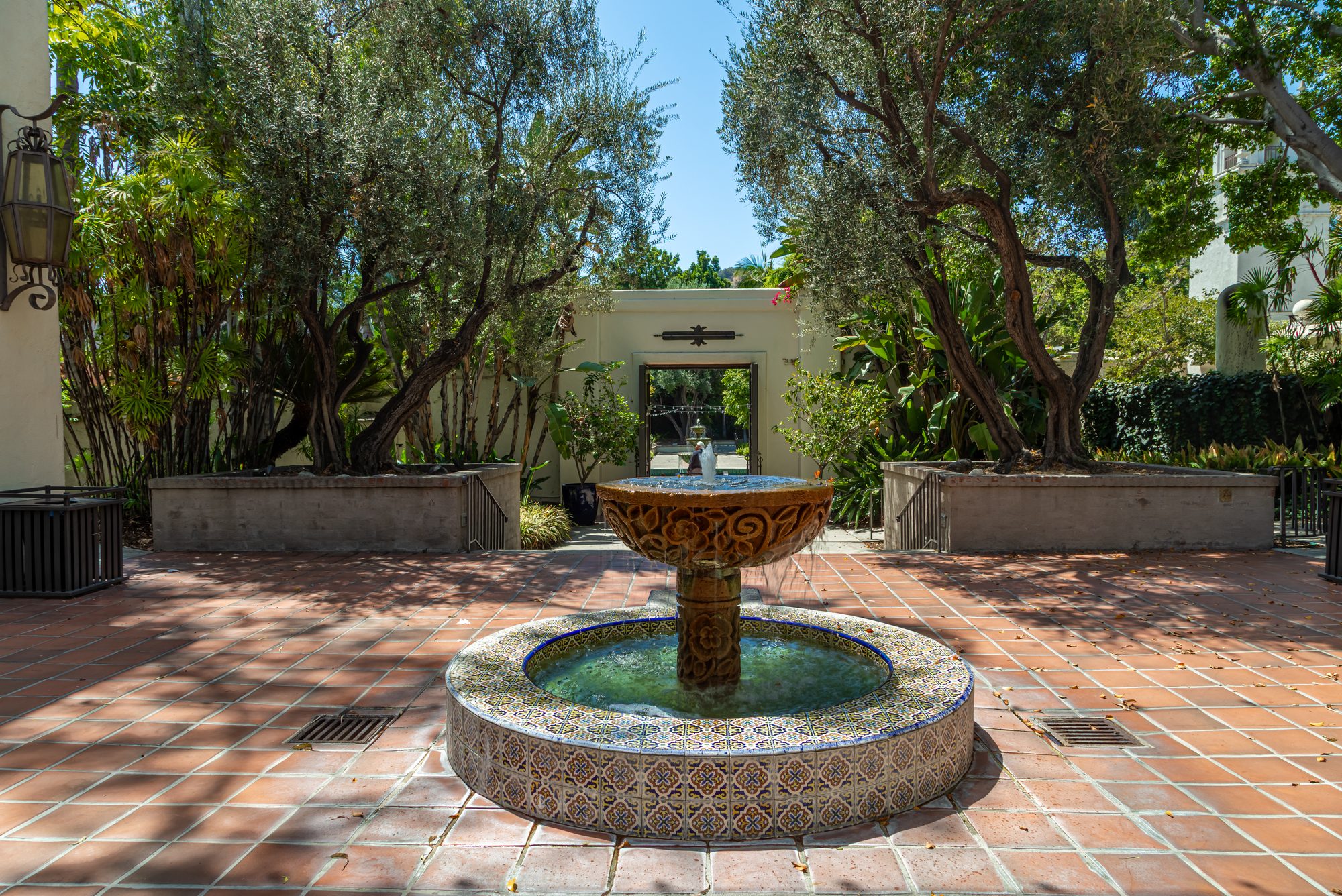 The tiled fountain in the courtyard at the LA River Center