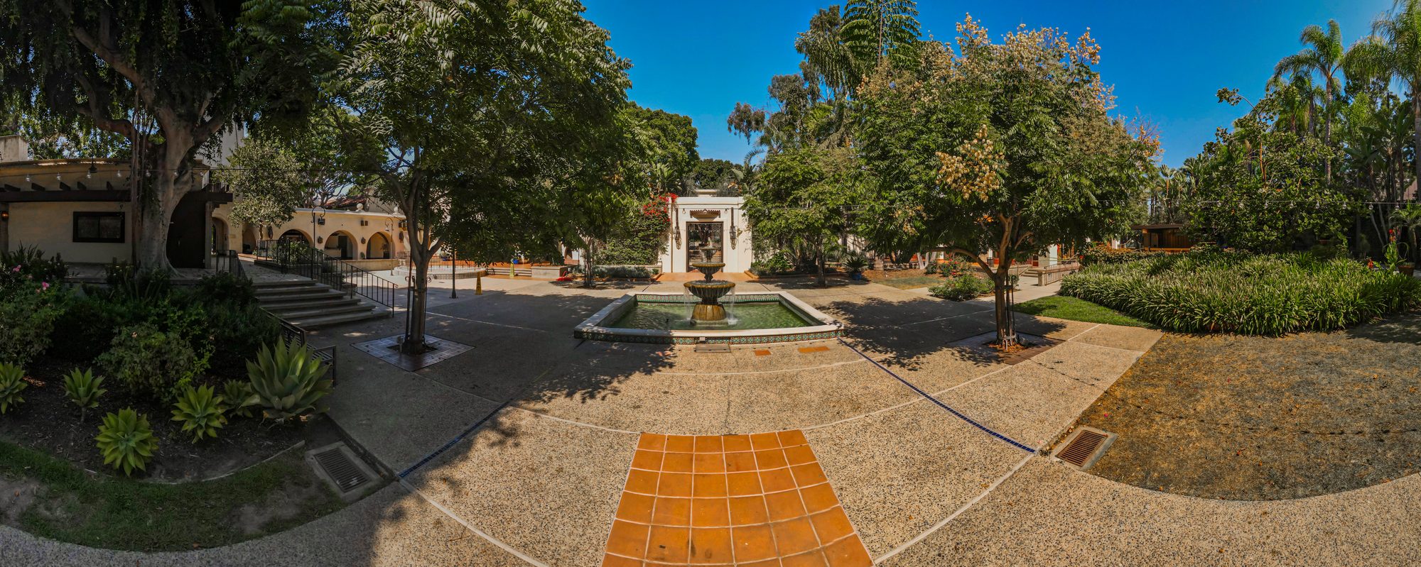 The path through the gardens toward the fountain at the LA River Center