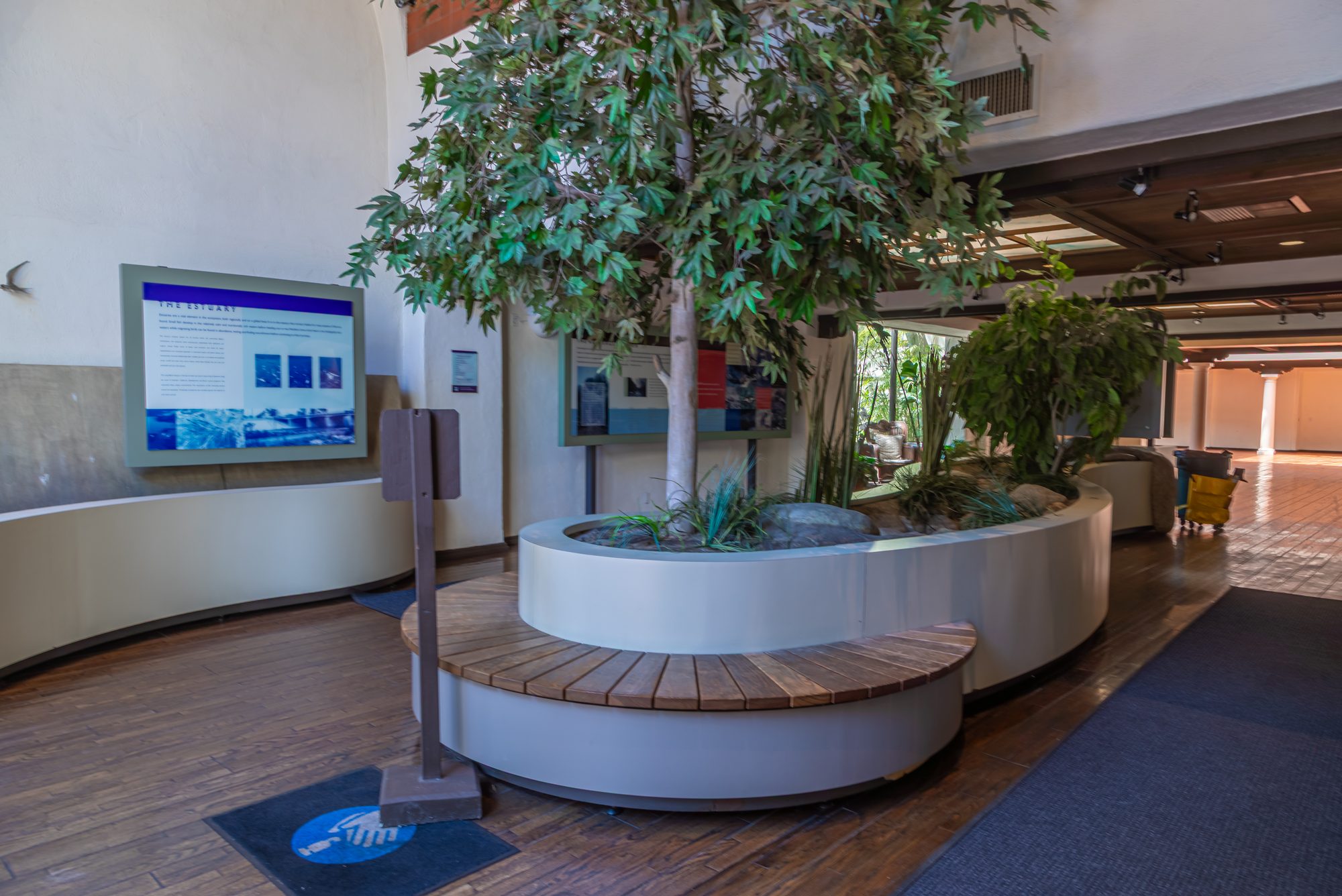 The lobby and its planted island at the LA River Center
