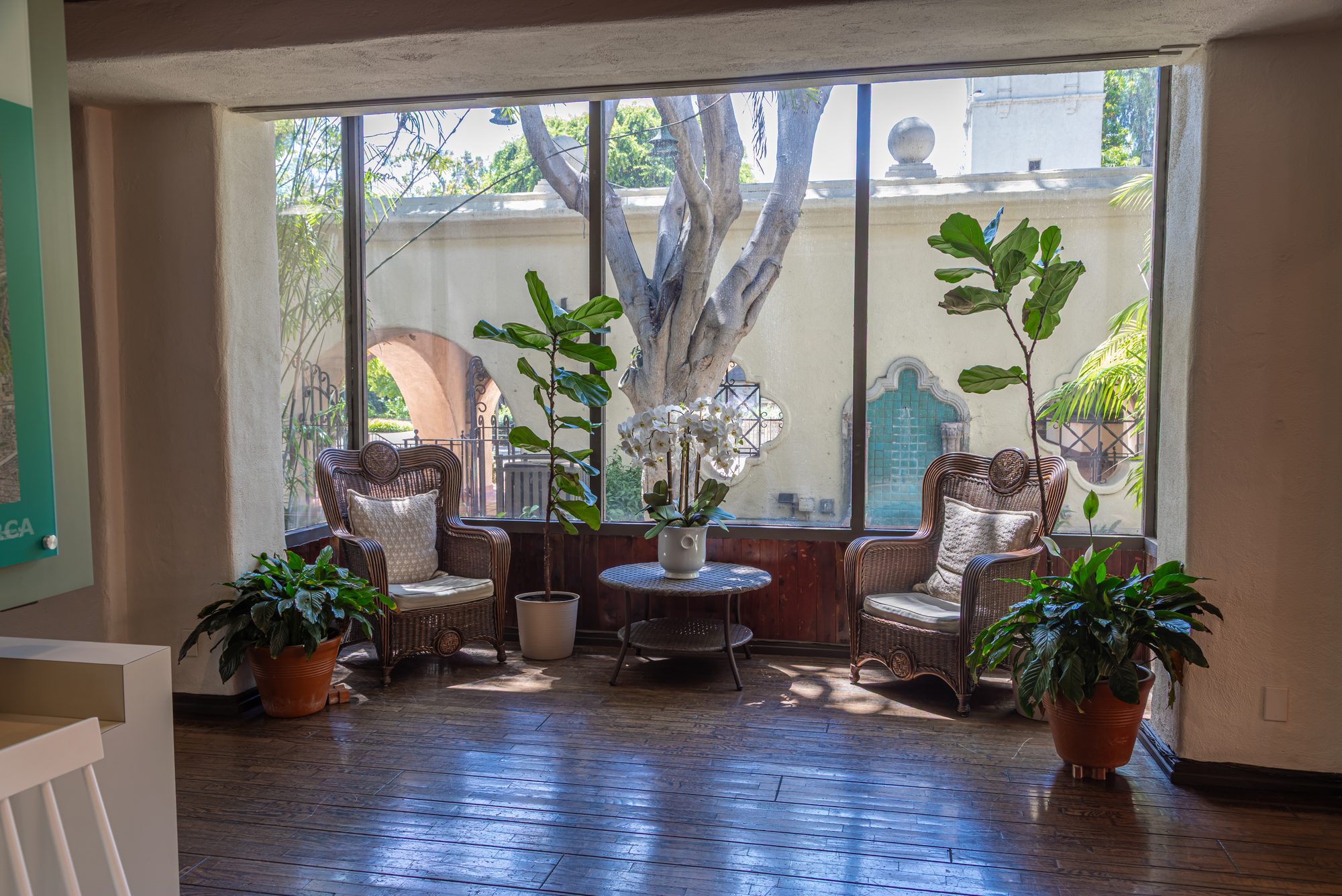The glazed room with its wicker chairs at the LA River Center