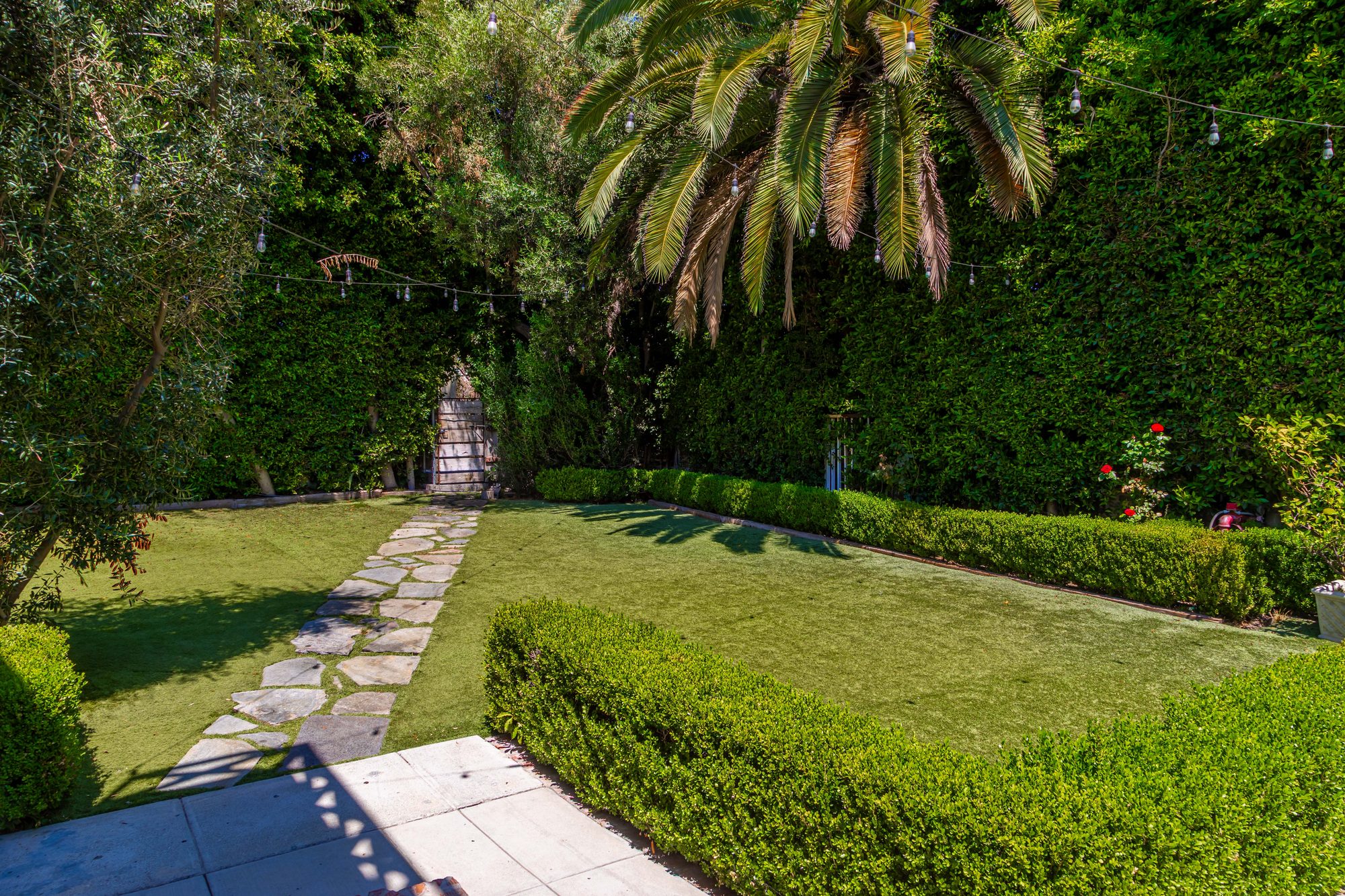 The hedged lawn and stone path at Lombardi House